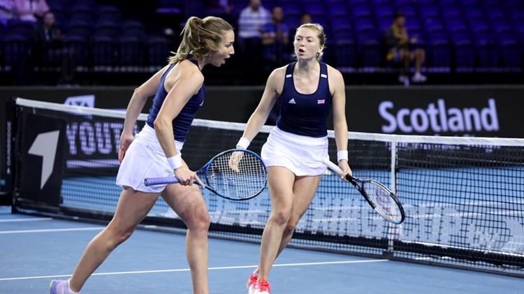 Olivia Nicholls and Alicia Barnett celebrating during their doubles rubber against Kazakhstan at the 2022 Billie Jean King Cup