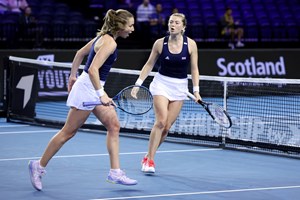 Olivia Nicholls and Alicia Barnett celebrating during their doubles rubber against Kazakhstan at the 2022 Billie Jean King Cup