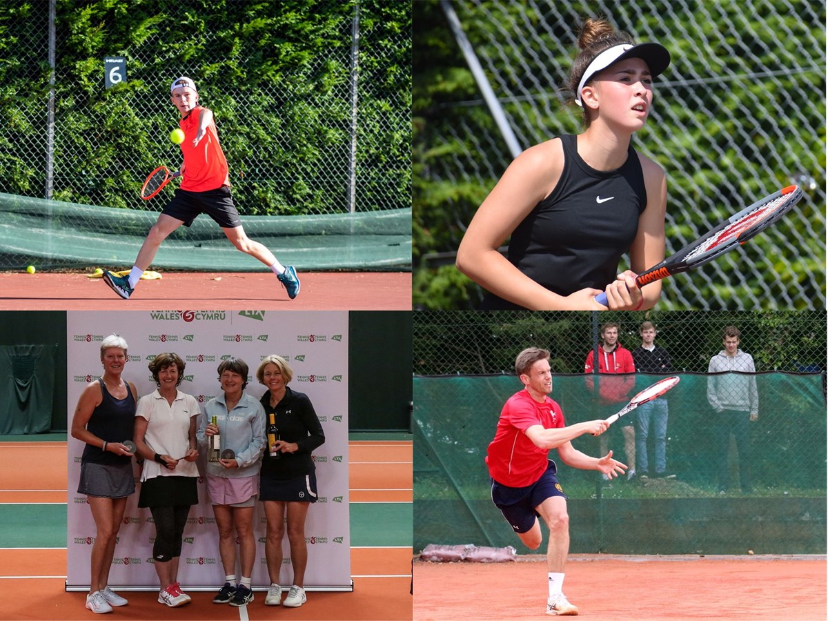 combination of multiple images of people playing tennis 