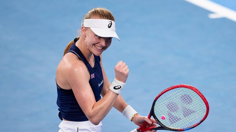 Harriet Dart fist pumps after her first victory at the United Cup against Australia