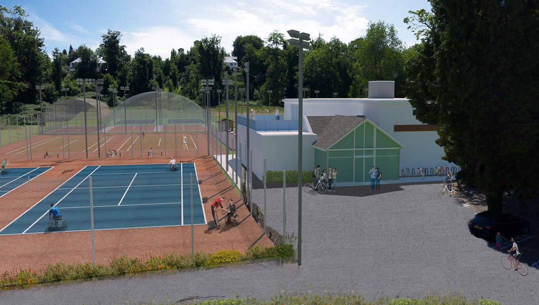 Outdoor tennis court with people playing tennis