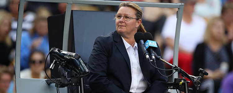 Alison Hughes umpiring a match at the Australian Open