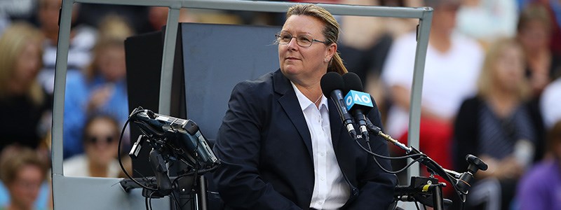 Alison Hughes umpiring a match at the Australian Open