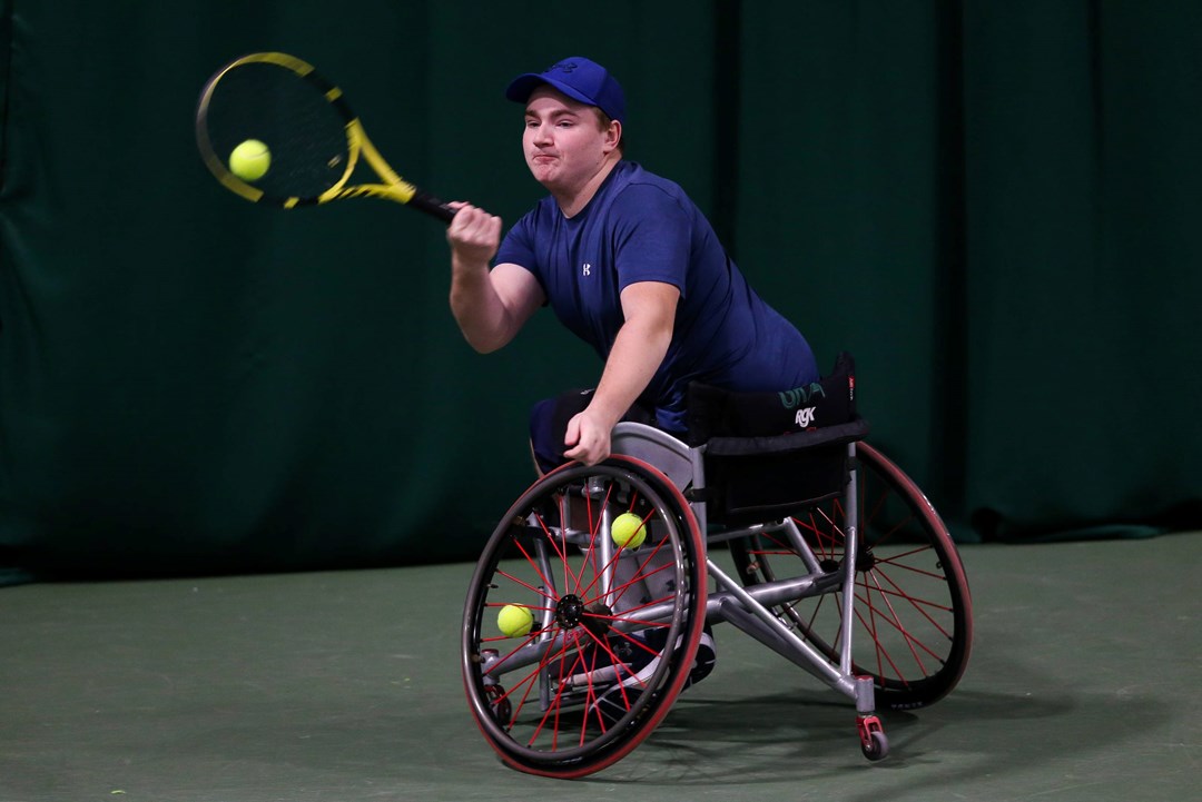 Andrew Penney returning a backhand during the men's wheelchair singles final at the 2022 LTA Wheelchair Tennis National Finals