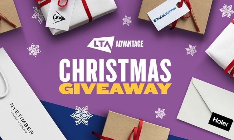 Advantage Christmas logo surrounded by presents with tags from Dunlop, Nyetimber, Haier and HotelPlanner as well as snowflakes
