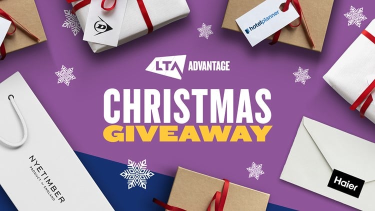 Advantage Christmas logo surrounded by presents with tags from Dunlop, Nyetimber, Haier and HotelPlanner as well as snowflakes