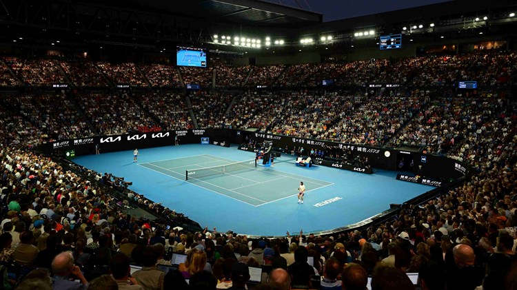 Australian Open crowd looking on watching two players on centre court
