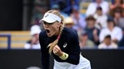 Harriet Dart roars in celebration after winning a point at the Lexus Eastbourne Open