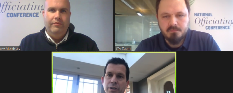 Zoom call between three men with national officiating conference in the background