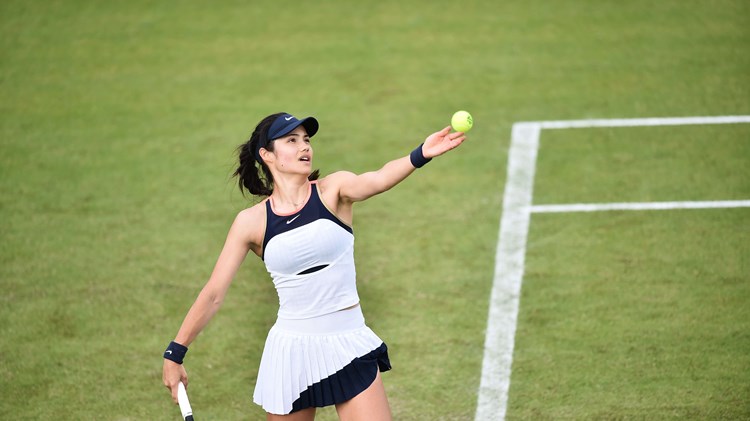 Emma Raducanu of Great Britain serves against Harriet Dart of Great Britain during Day 3 of the Viking Open at Nottingham Tennis Centre on June 07, 2021 in Nottingham, England.