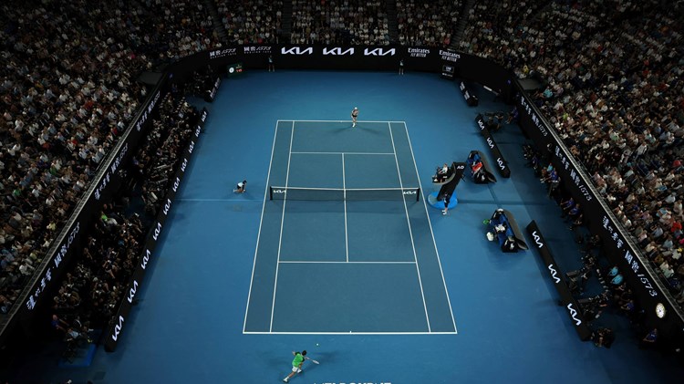 An overhead view of the 2024 Australian Open mens singles final on the Rod Laver Arena
