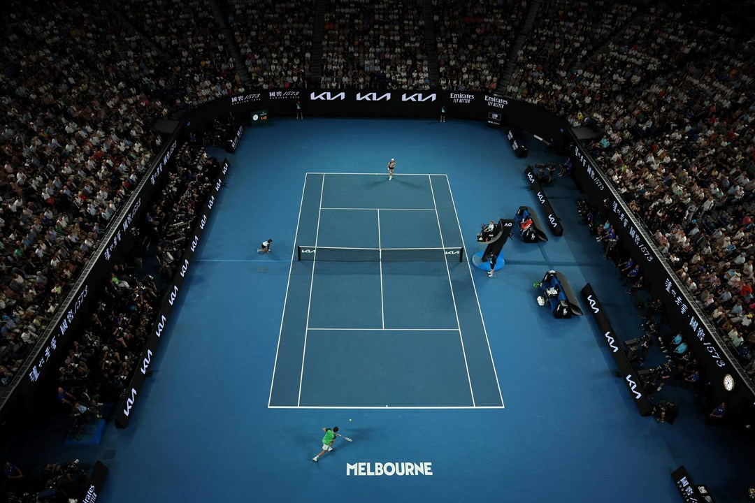 An overhead view of the 2024 Australian Open mens singles final on the Rod Laver Arena