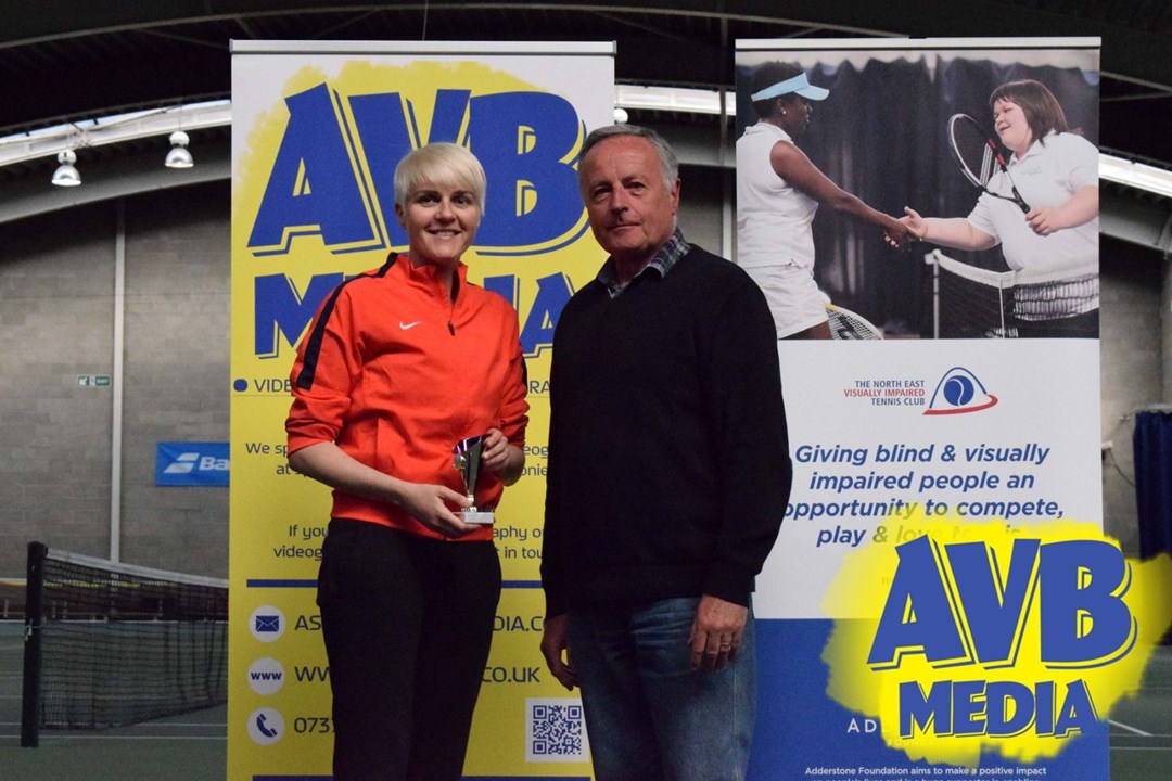 Frankie Rohan photographed accepting her trophy after finishing runner-up in the B2 women's category at the 2018 Regional Visually Impaired Tournament