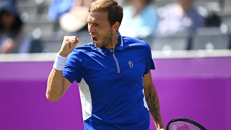  Daniel Evans of Great Britain reacts during his First Round match against Alexei Popyrin of Australia during Day 2 of the cinch Championships at The Queen's Club on June 15, 2021 