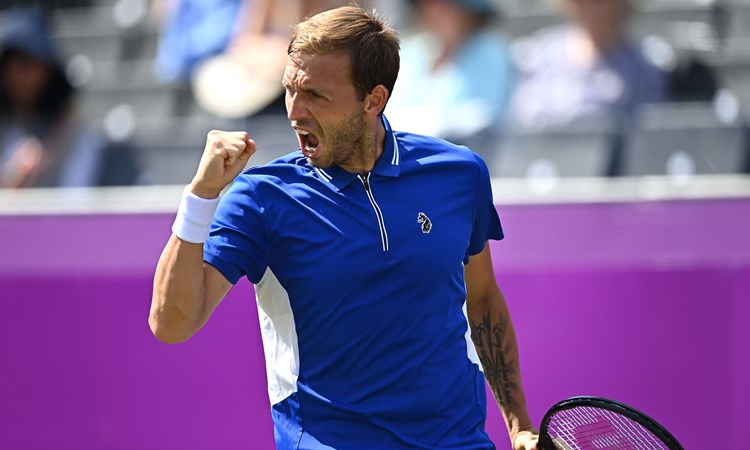  Daniel Evans of Great Britain reacts during his First Round match against Alexei Popyrin of Australia during Day 2 of the cinch Championships at The Queen's Club on June 15, 2021 