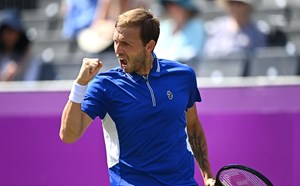  Daniel Evans of Great Britain reacts during his First Round match against Alexei Popyrin of Australia during Day 2 of the cinch Championships at The Queen's Club on June 15, 2021 