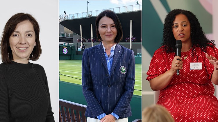 The headshots of three women grouped together: far left, a woman wearing a black jumper smiling; centre, a woman wearing a striped blue jacket and light blue striped shirt stands clasping her hands in front of her, in front of a tennis court; far right, a woman sits wearing a red dress with small white spots, holding a microphone