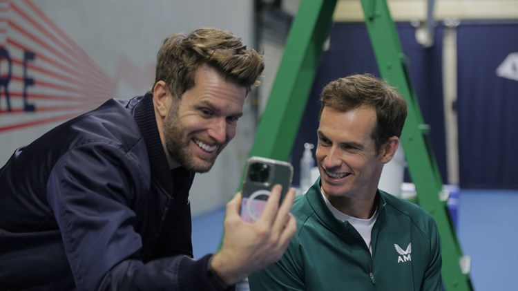Joel Dommett andAndy Murray laughing on a video call