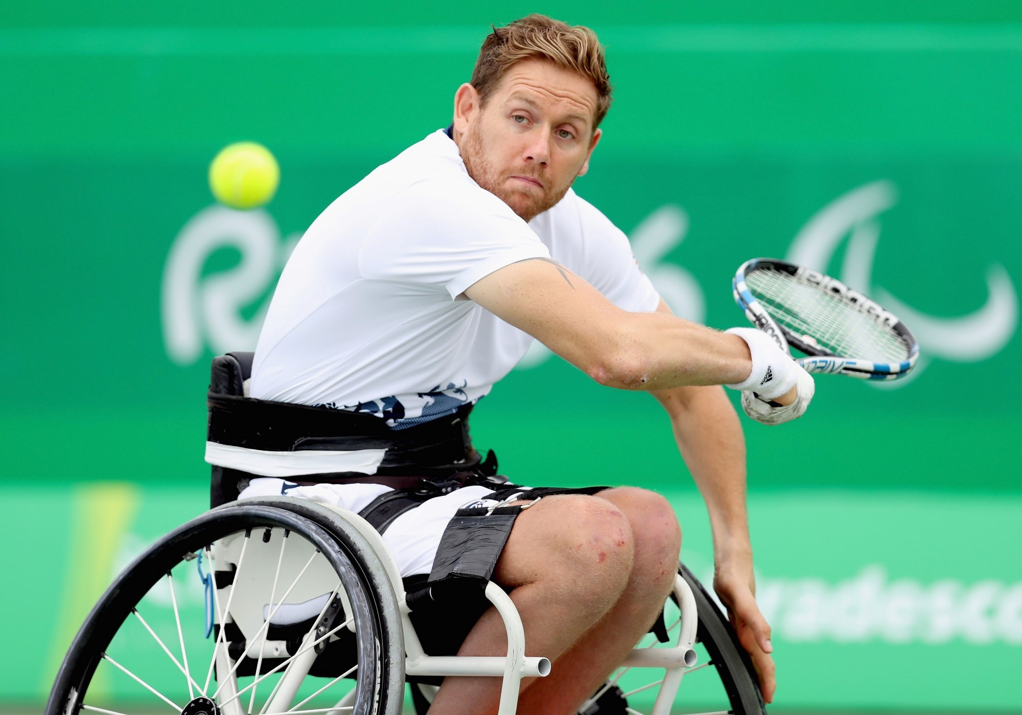 Antony Cotterill of Great Britain plays a shot
