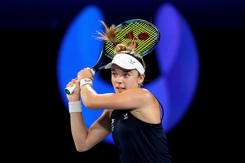 Katie Swan of Great Britain plays a backhand in her group D match against Zoe Hives of Australia during day one of the 2023 United Cup