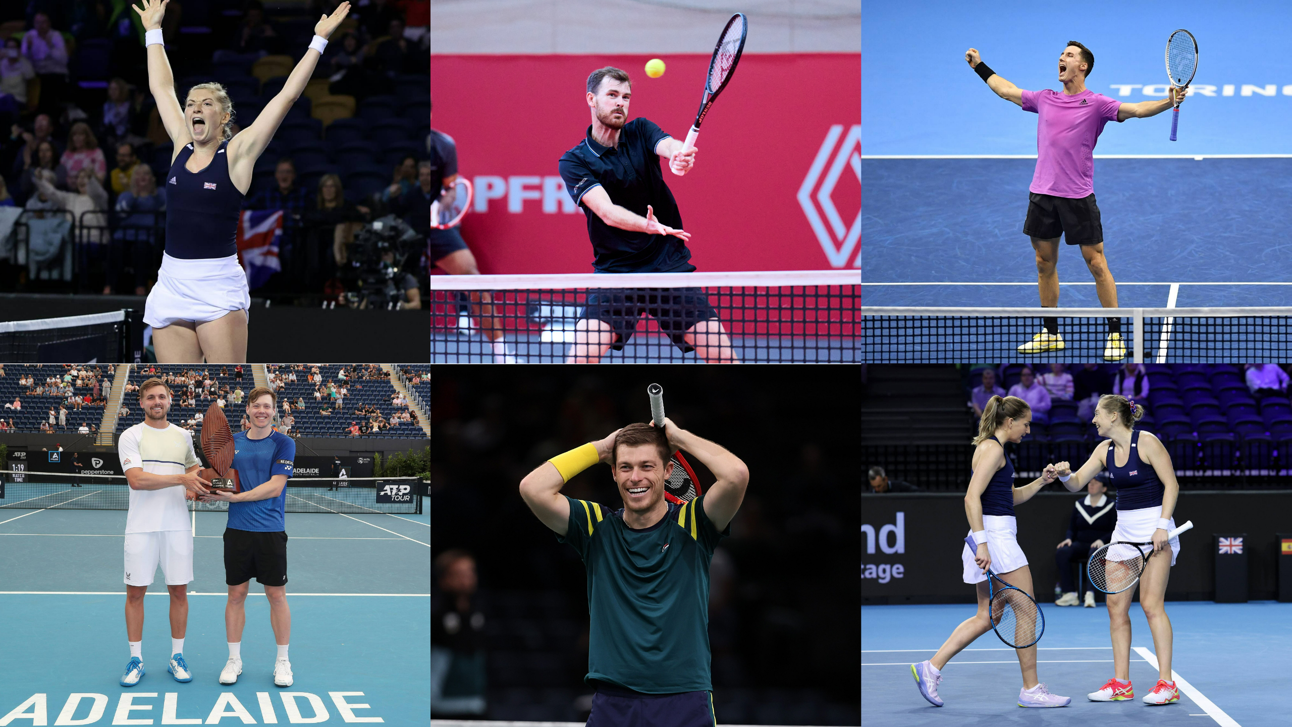 A collage of the doubles nominees for Player of the Year - Alicia Barnett, Joe Salisbury, Jamie Murray, Lloyd Glasspool, Neal Skupski and Olivia Nicholls