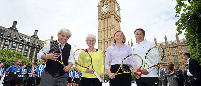Judy Murray, Graeme Le Saux and a host of Parliamentarians holding tennis rackets in front of Big Ben
