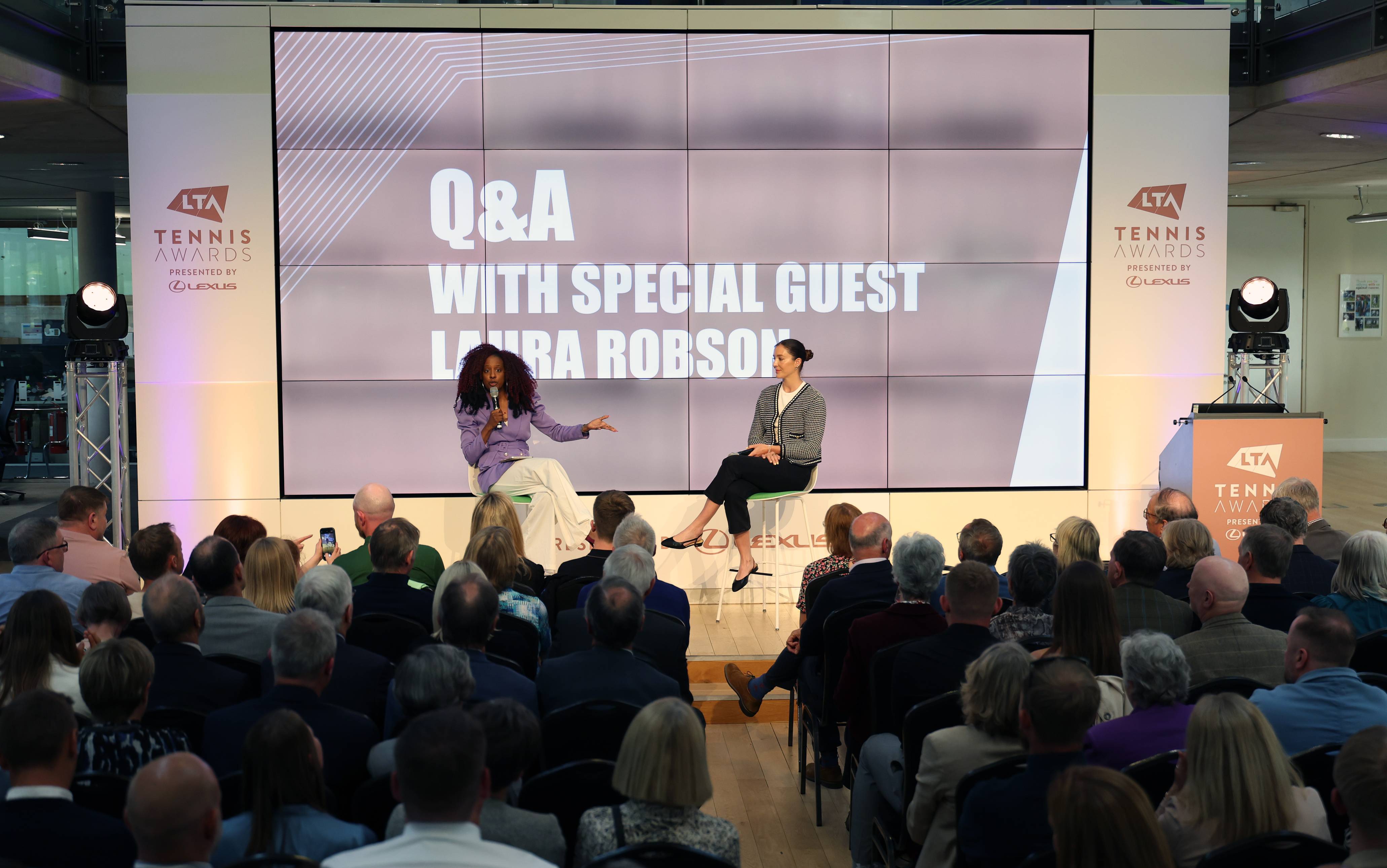 Laura Robson doing a Q&A session at the LTA Tennis Awards 2025