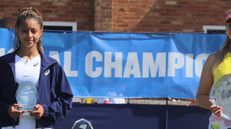 British No.1 Eva Shaw with her 2021 Junior National Championships trophy at Surbiton Tennis Club alongside the runner up