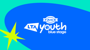 Colourful design with the FAGE LTA Youth Blue stage logo