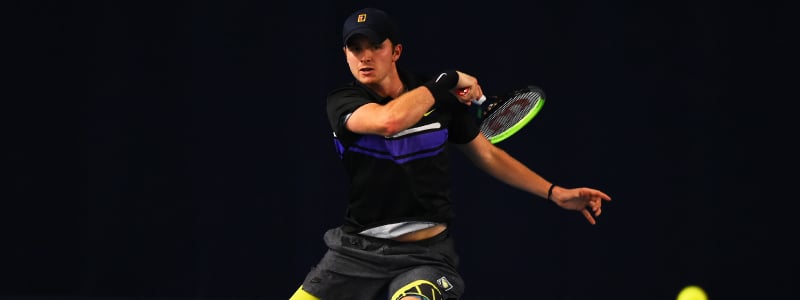 Aidan McHugh hits a forehand shot during the Battle of the Brits 2020.