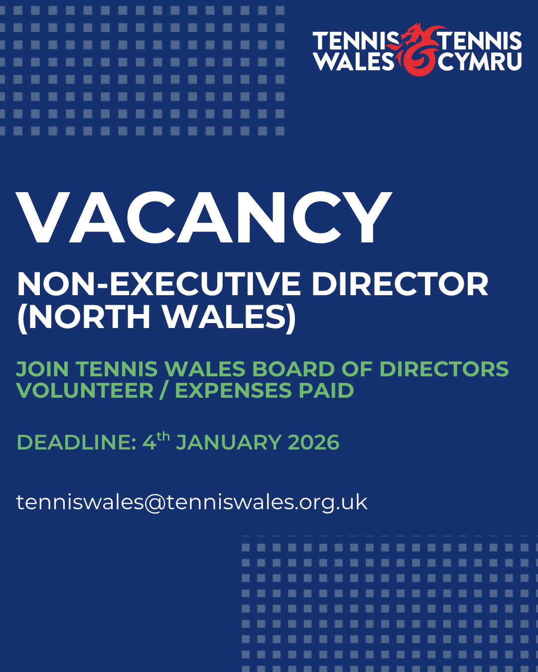 Vacancy: Non-Executive Director North for Tennis Wales