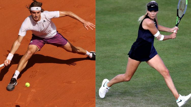Two tennis players returning shots during a ralley