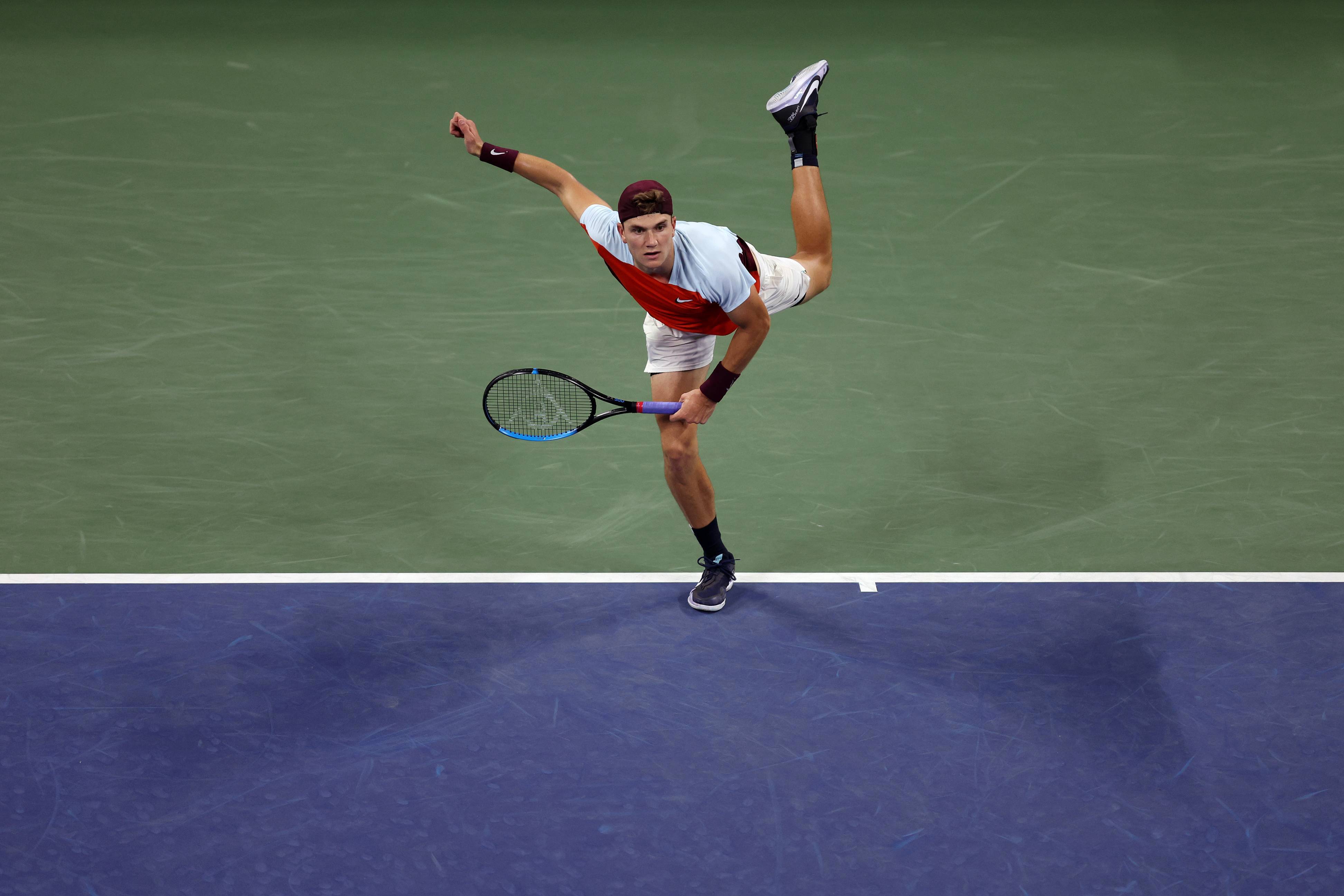 Jack Draper hits a serve in his victory over sixth seed Felix Auger-Aliassime at the US Open