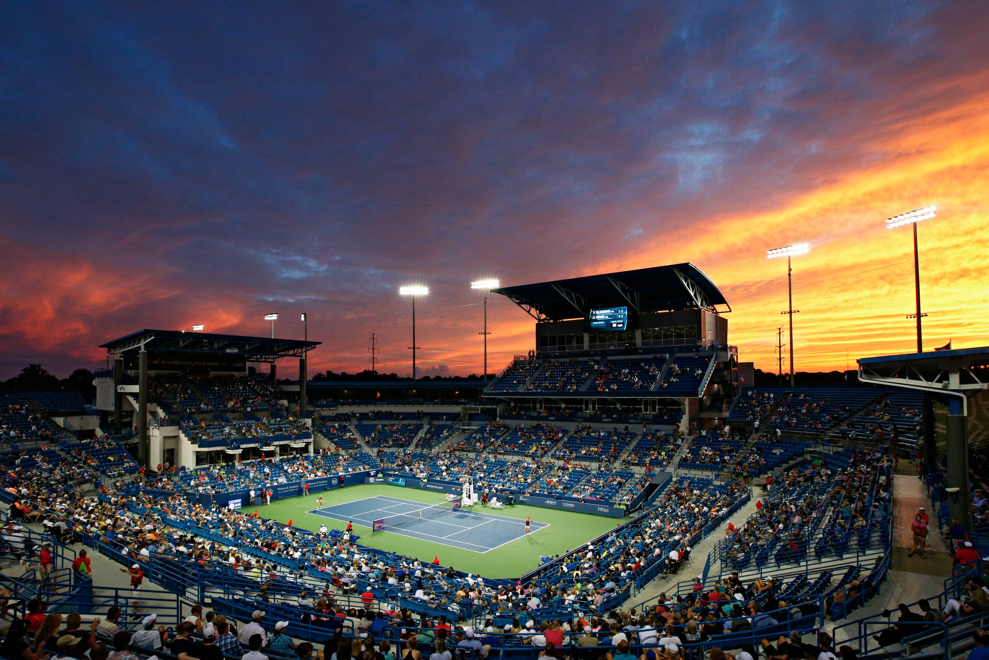 General view as the sun sets on Center Court at the Lindner Family Tennis Center