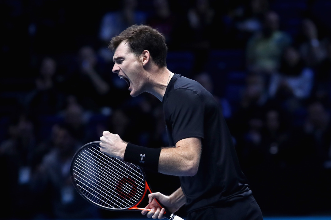 Jamie Murray celebrates winning a point during the semi-finals of the ATP World Tour Finals 2016