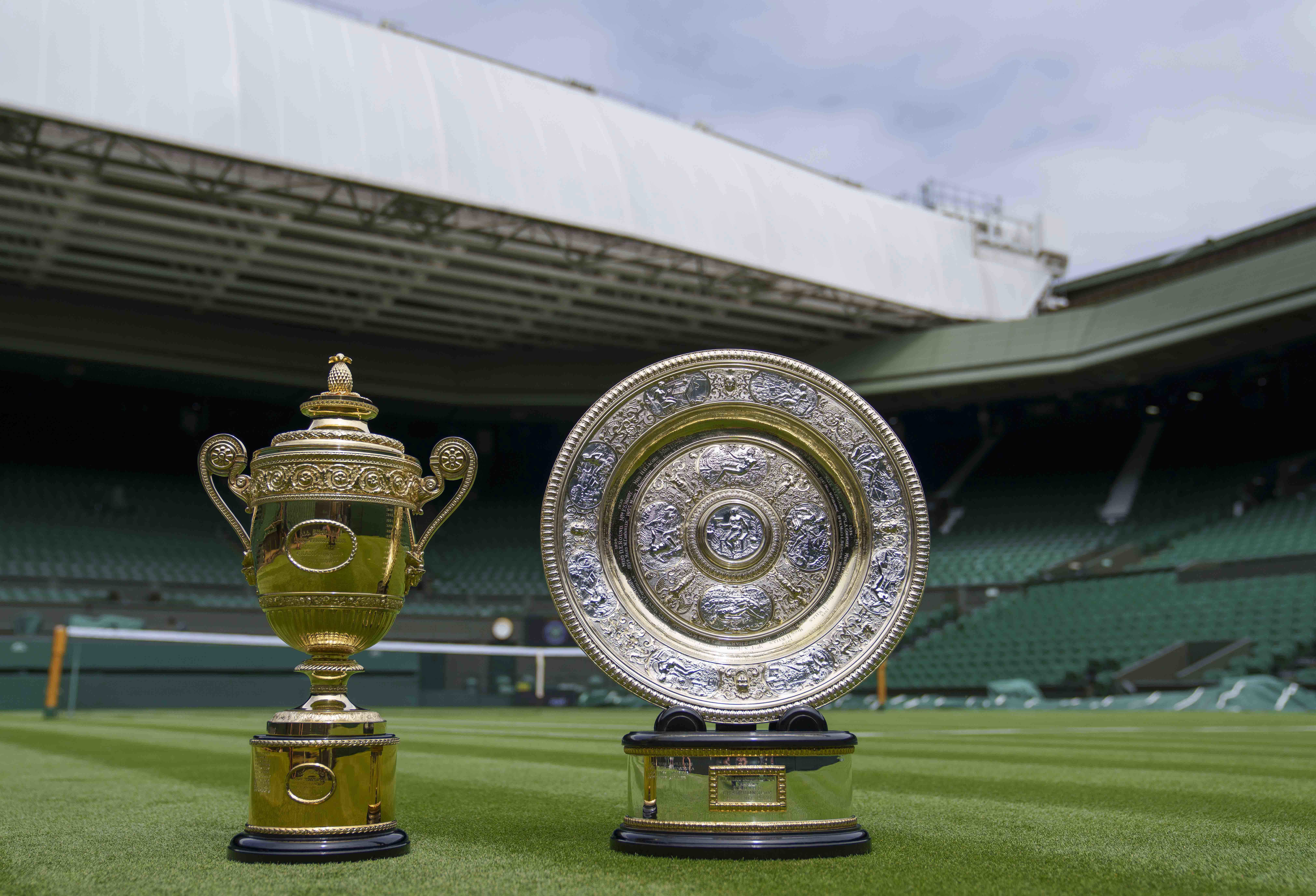 The men's singles and women's singles Wimbledon trophies