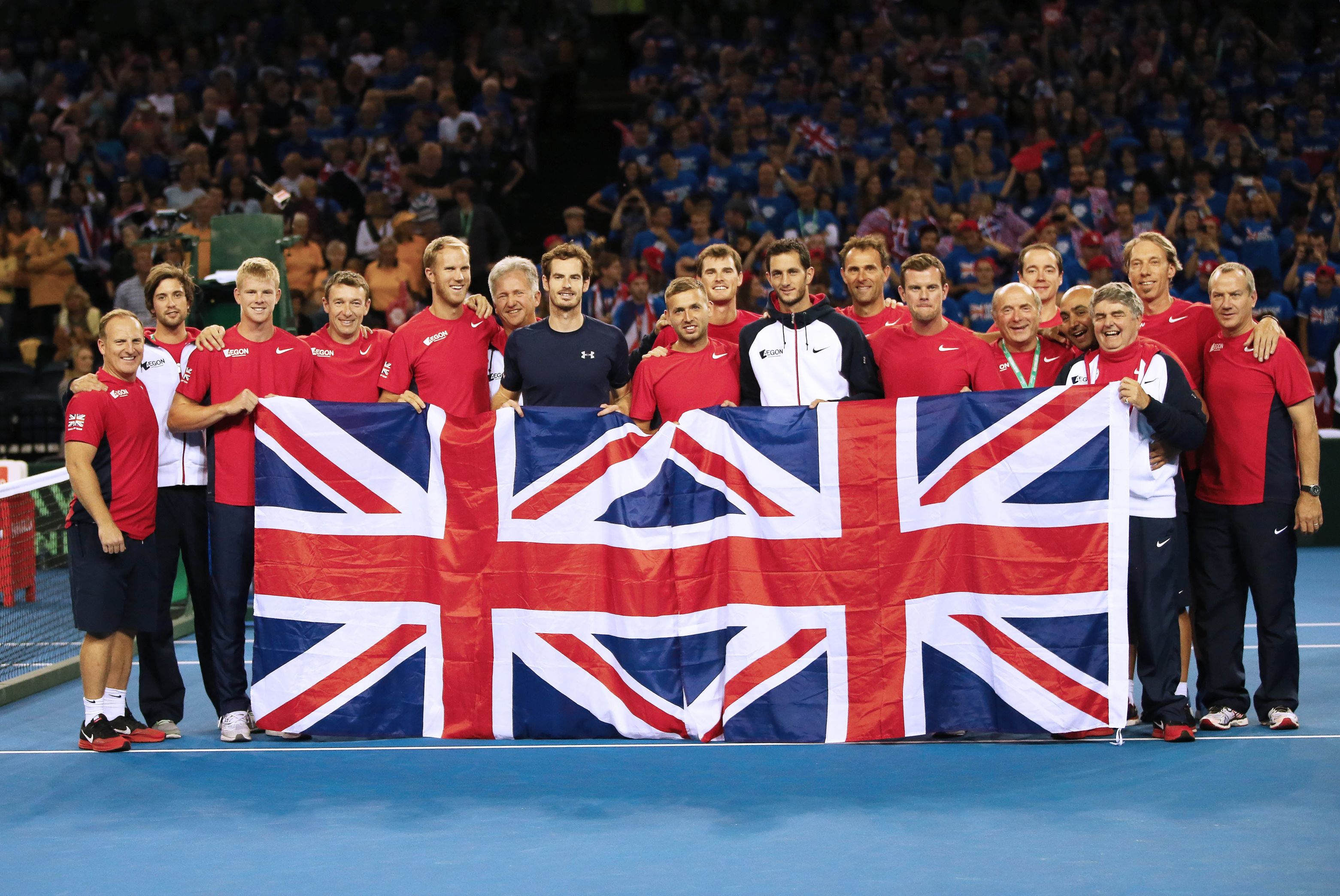 The 2015 Davis Cup squad celebrating their semi-final win over Australia