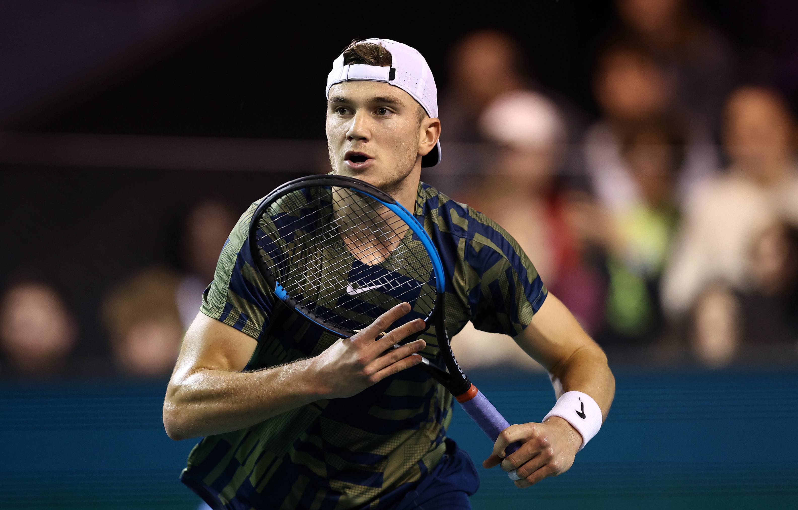 Jack Draper prepares to hit a forehand during his first round win at the Rolex Paris Masters 2022