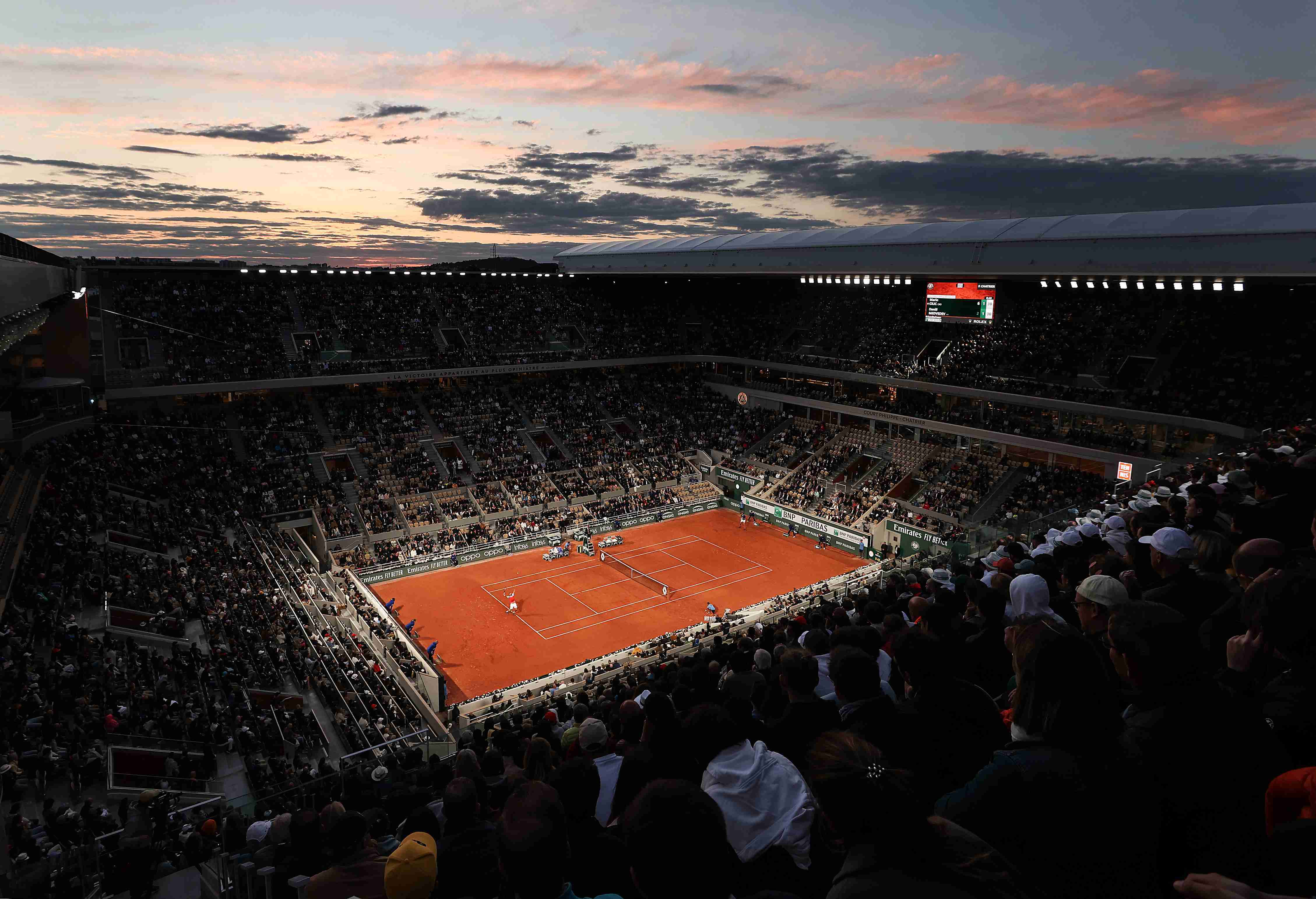 Centre Court at Roland Garros at sunset