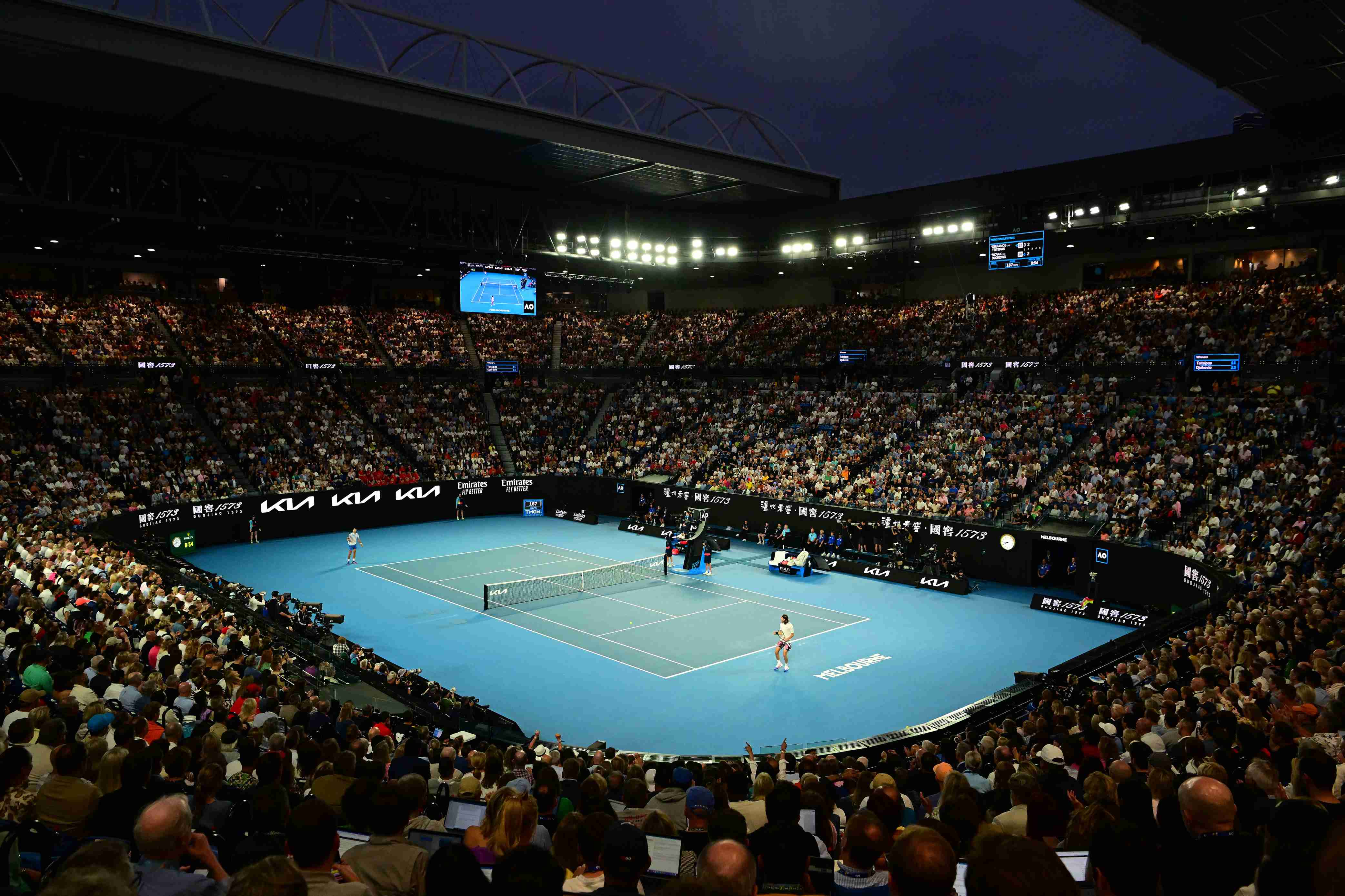 Australian Open crowd looking on watching two players on centre court