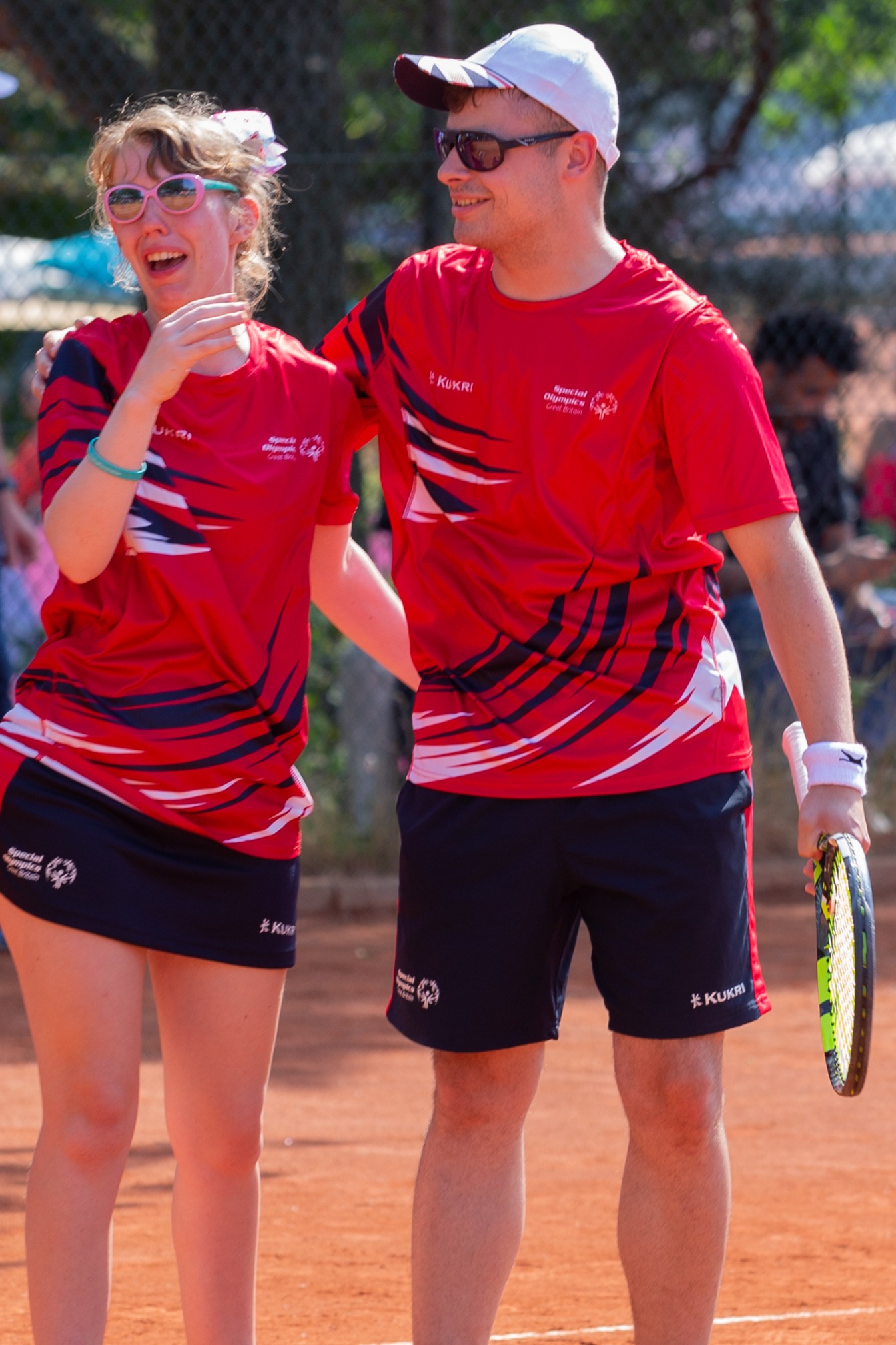 Great Britain's Emily Clarke (L) and Matthew Brough (R) celebrating after winning Bronze in the Mixed Doubles Level 6 at the 2023 Special Olympics, Berlin  (Photo by Ken Hanrahan Smith, Katz Wizkas Photography)