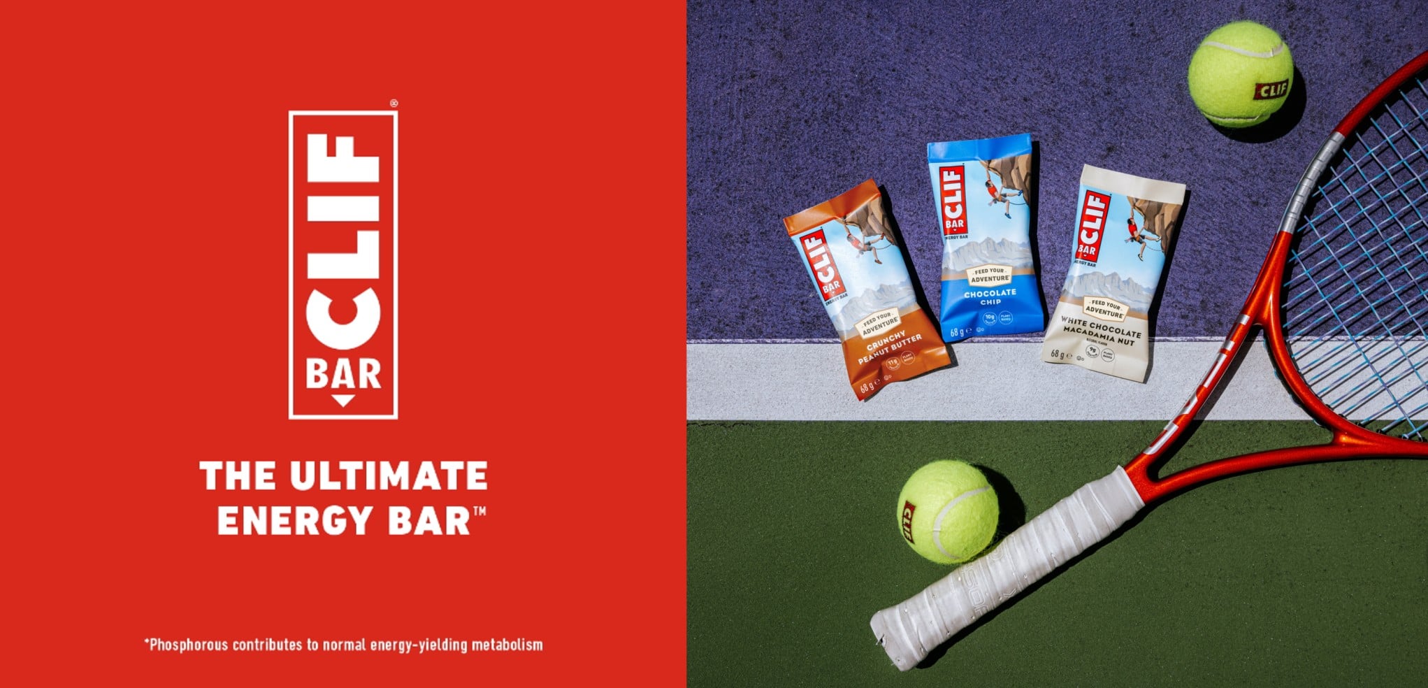 CLIF Bar logo with three energy bars, a racket and two balls laying down on court