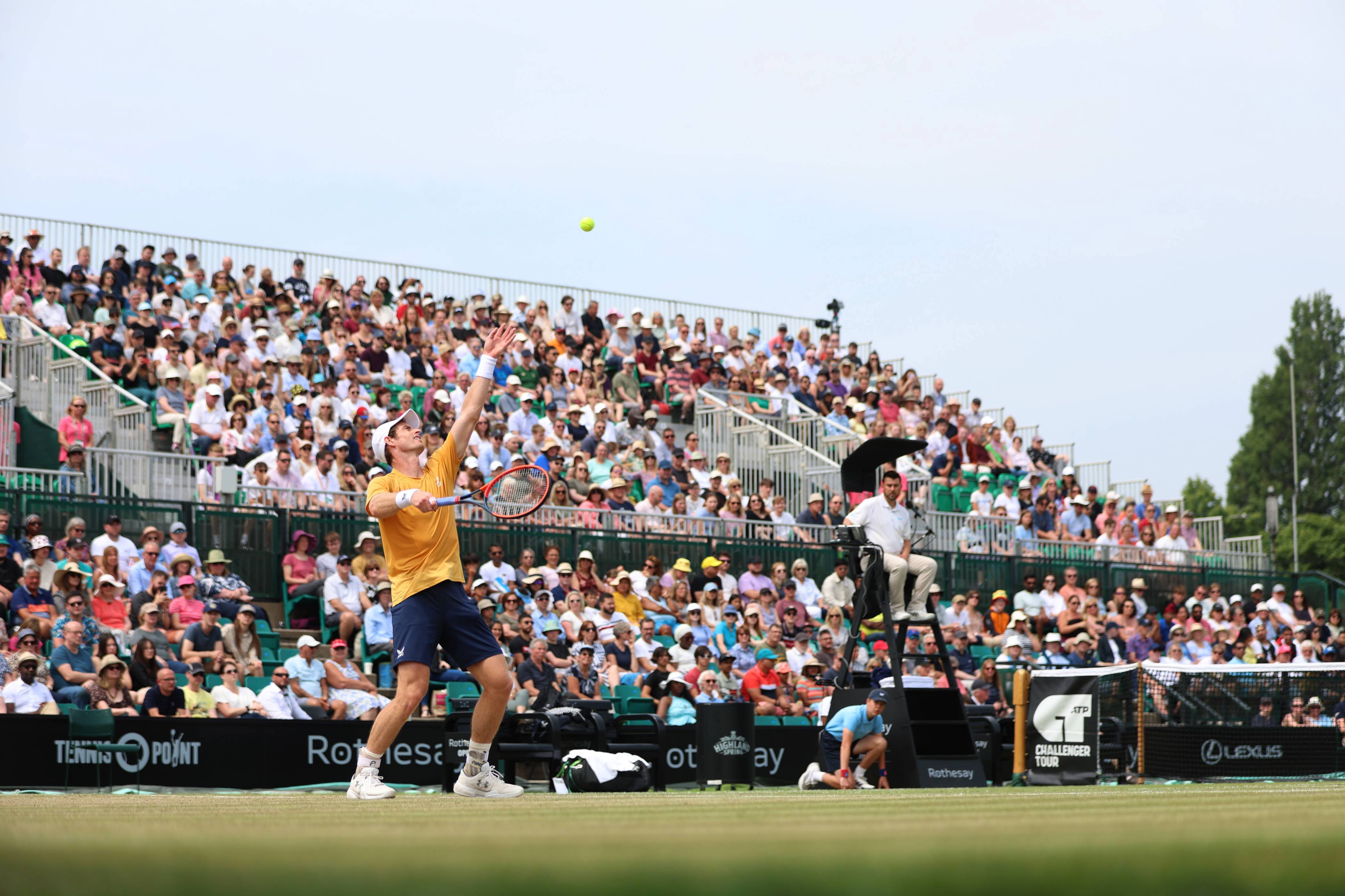 Andy Murray serves at the Rothesay Open Nottingham