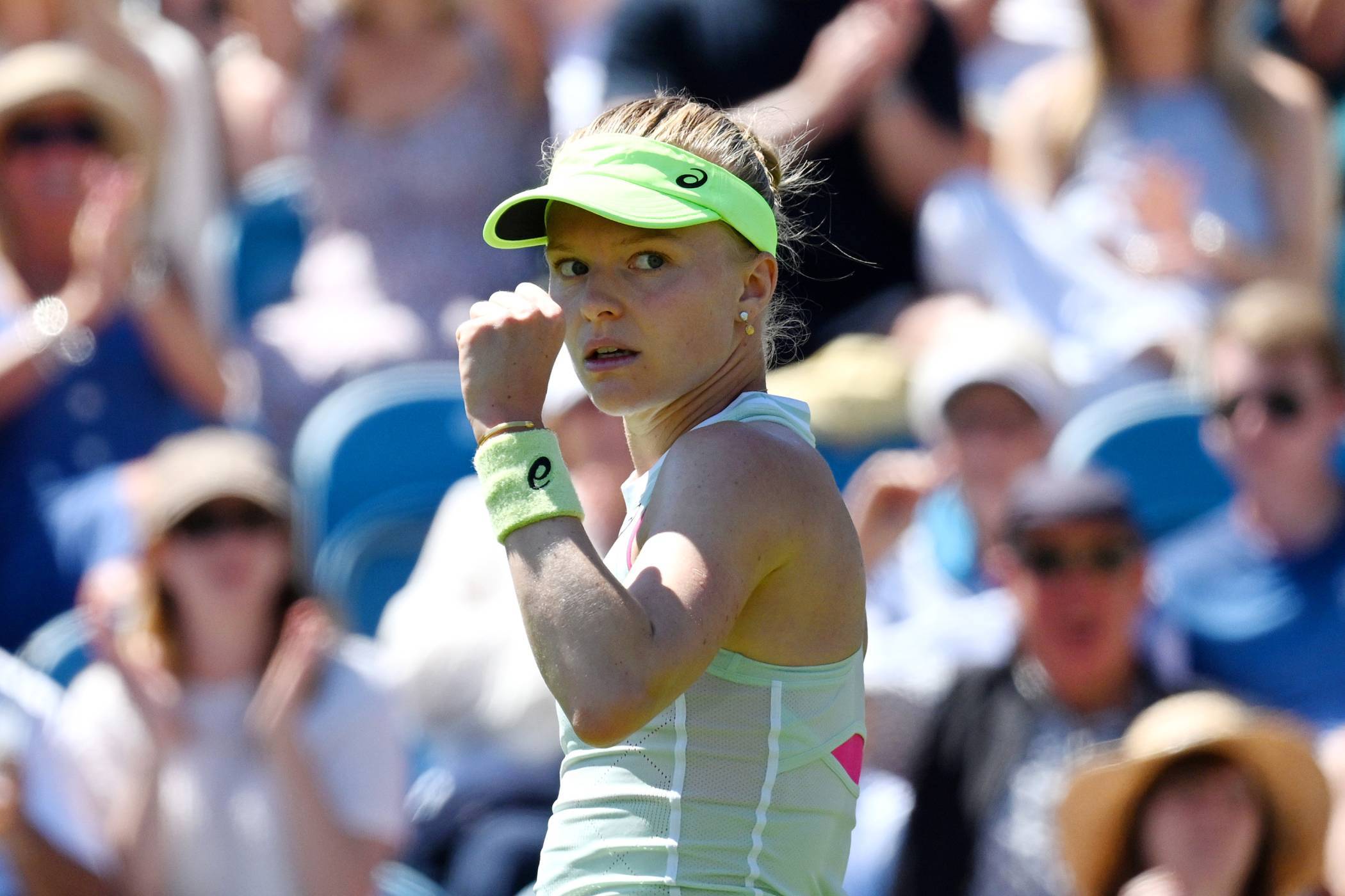 Harriet Dart celebrates taking a point off Marie Bouzkova in Eastbourne