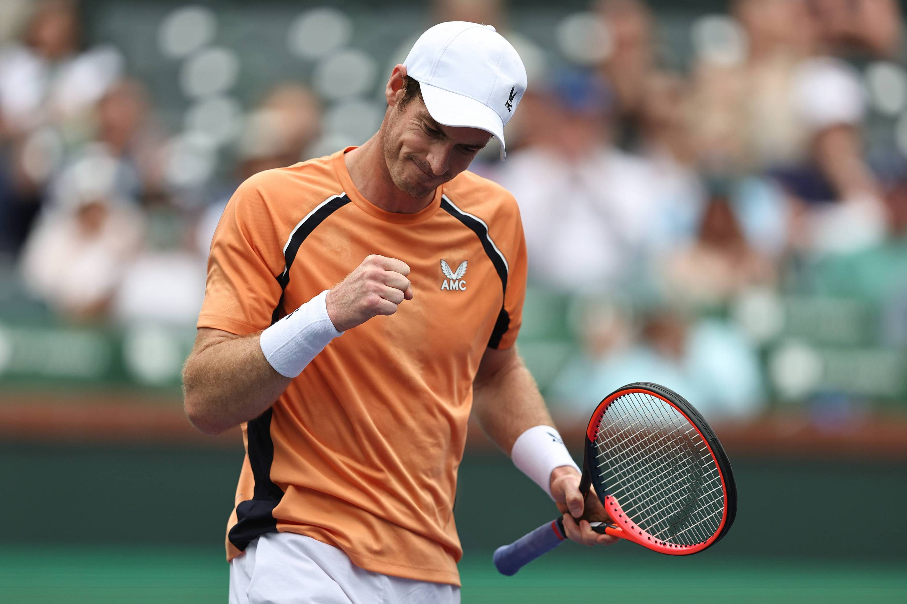 Andy Murray celebrates an opning round win against David Goffin at the BNP Paribas Open