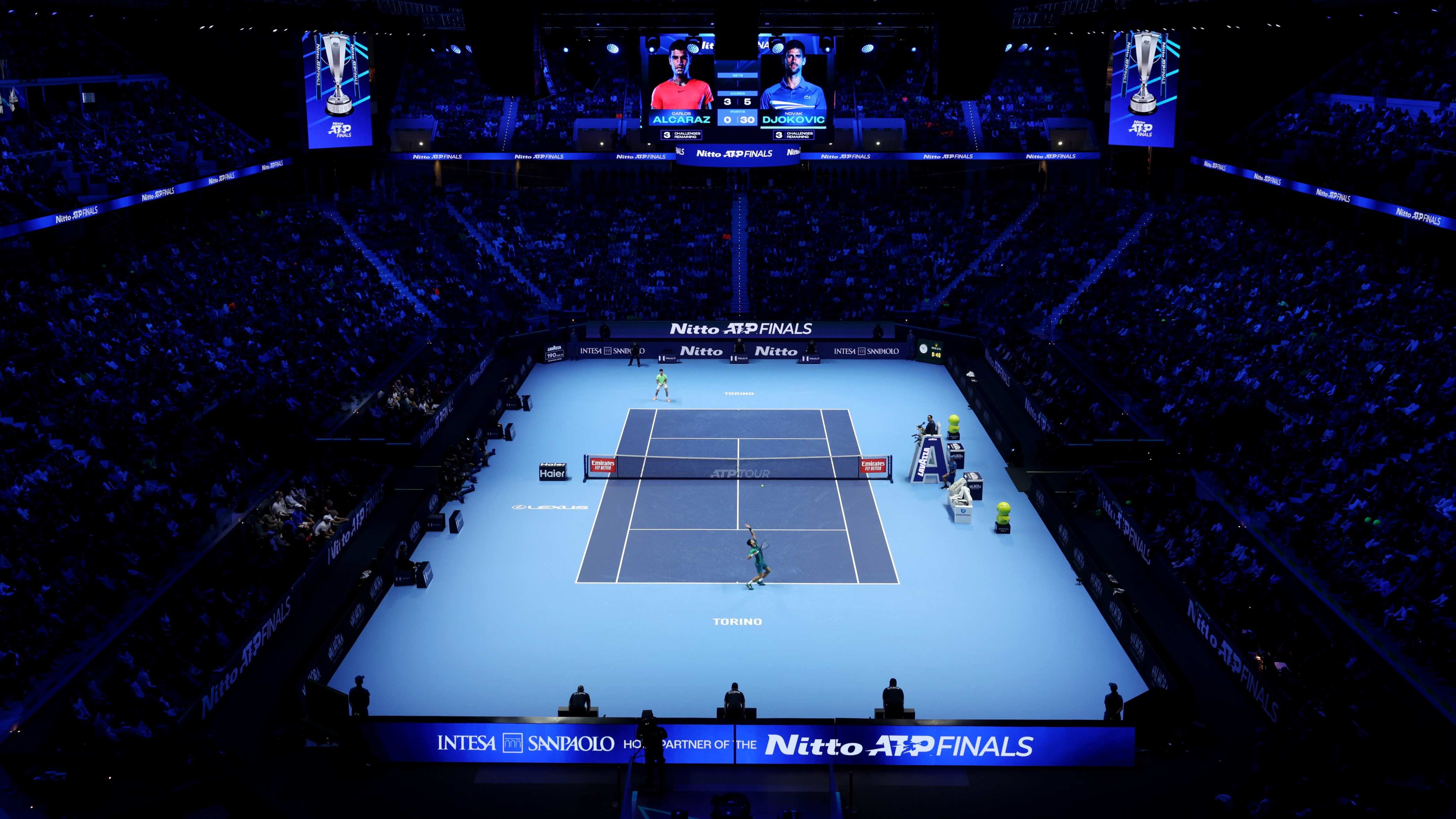 A general view looking down onto court at the Nitto ATP Finals as Novak Djokovic and Carlos Alcaraz play against each other