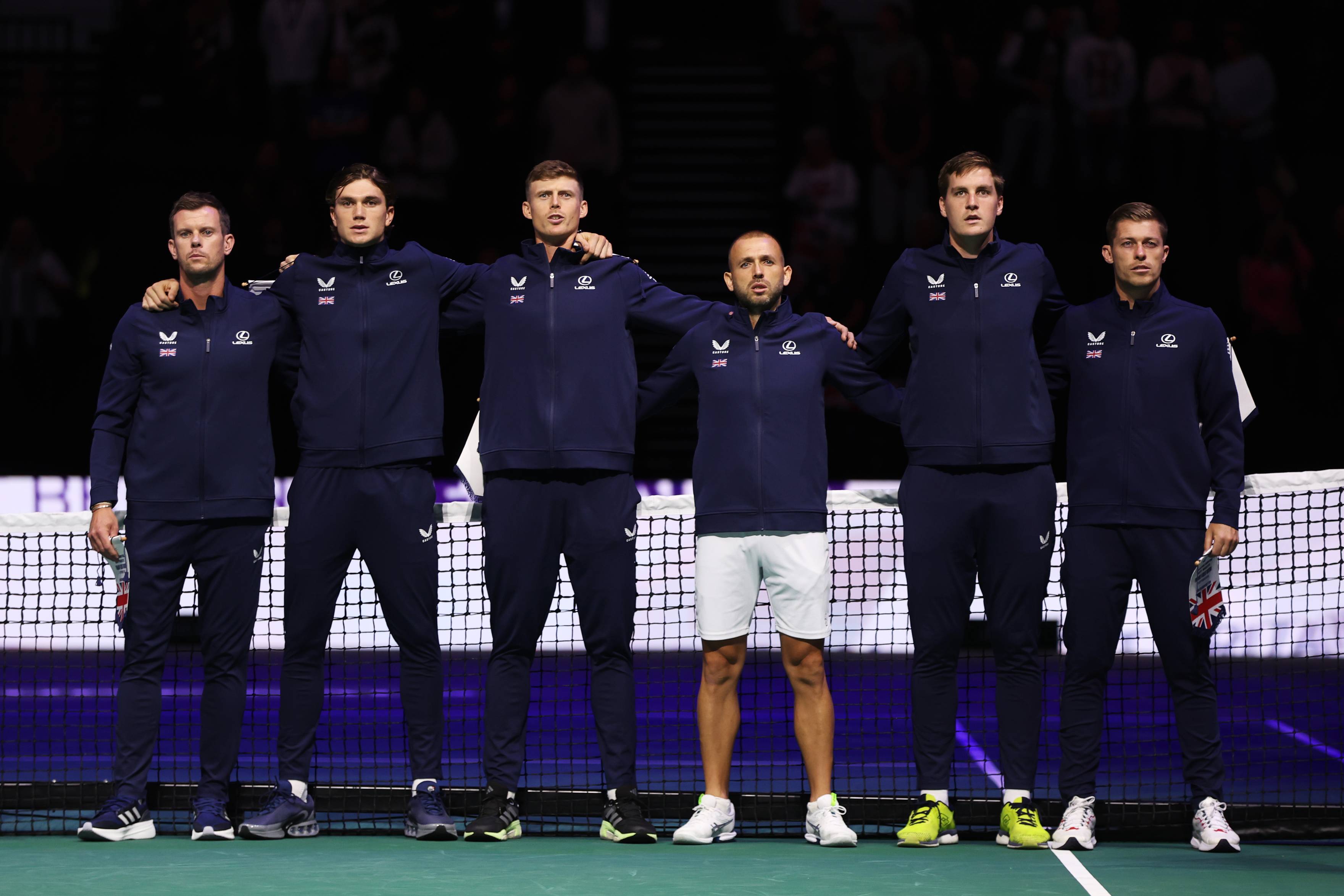 The GB Davis  Cup team lined up before the first match singing the anthem.