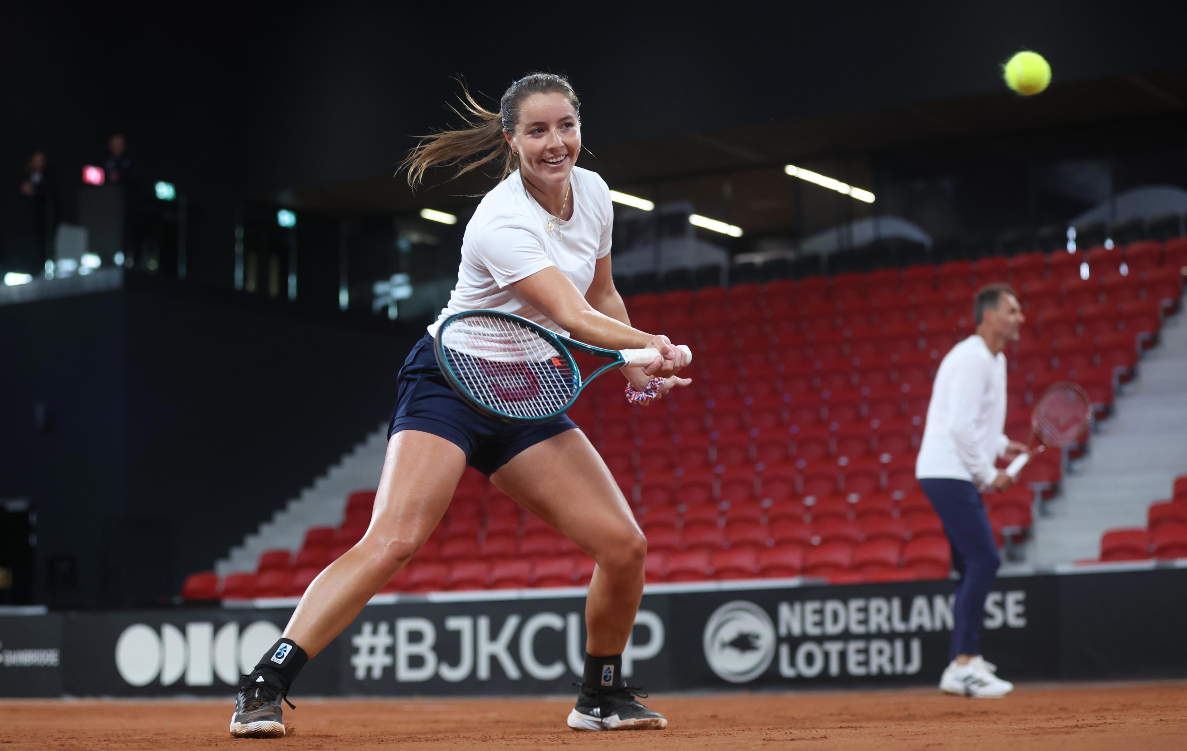 Jodie Burrage hitting a volley in parctice at the Billie Jean King Cup
