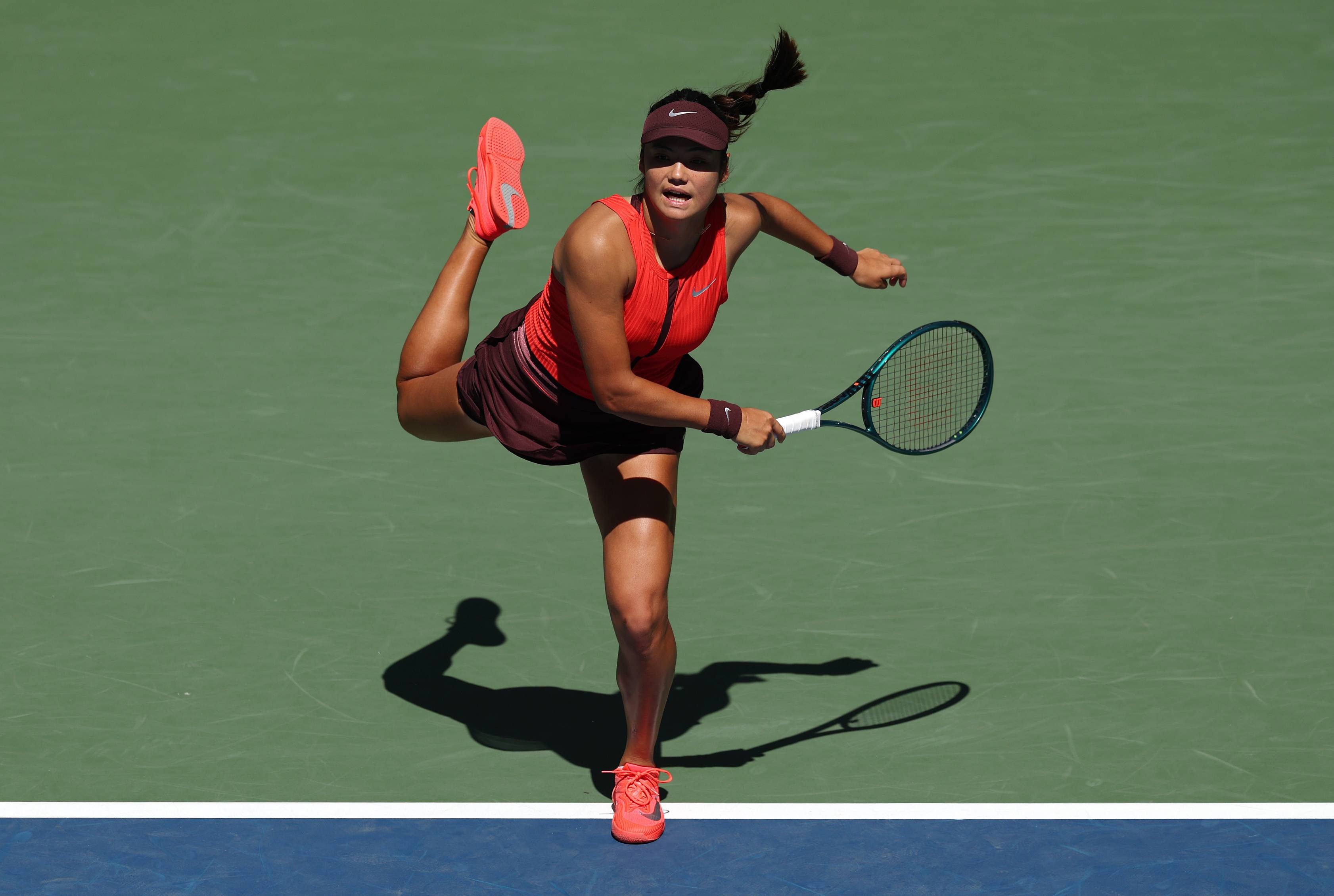 Emma Raducanu hits a serve in the second round of the 2025 US Open
