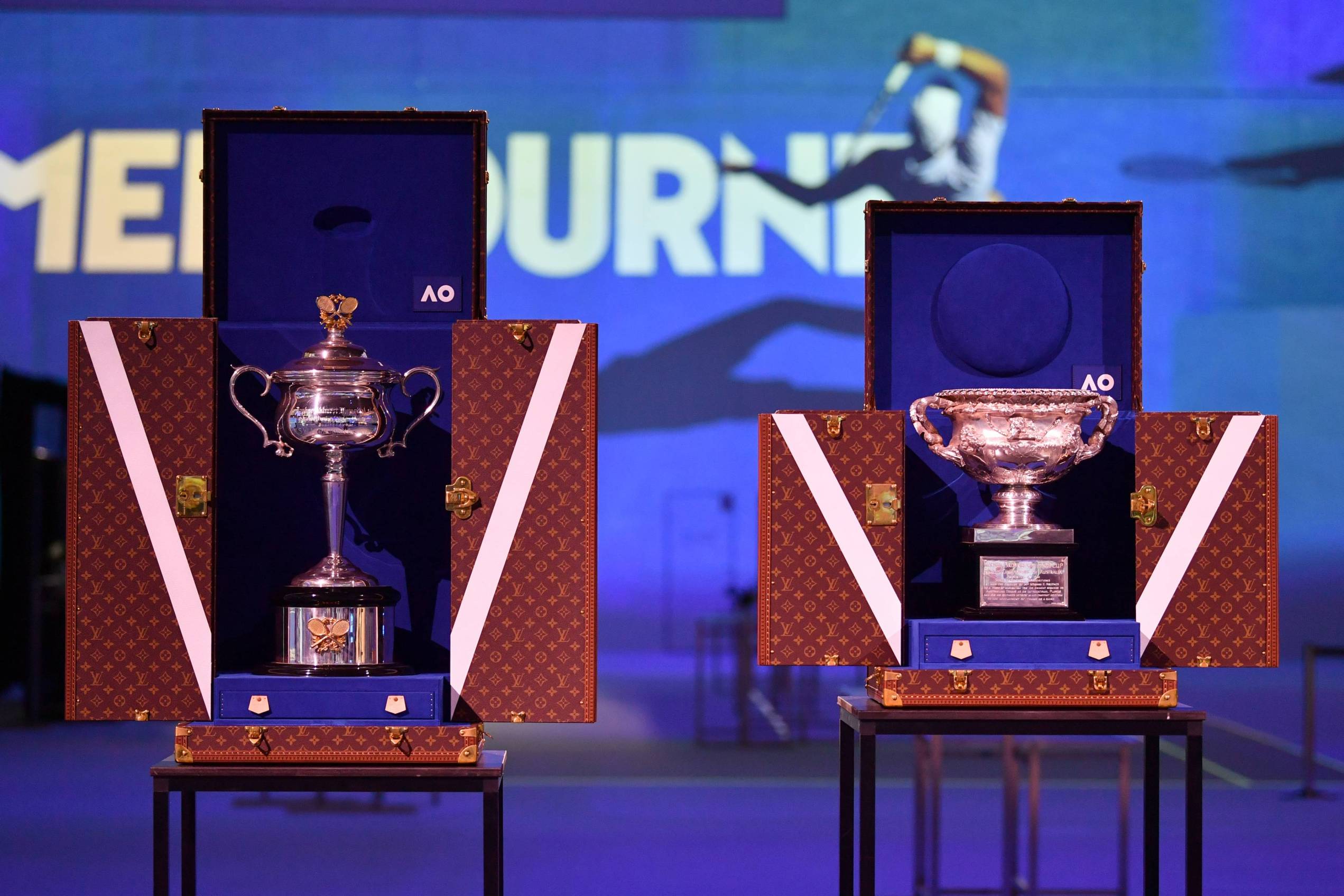 Australian Open trophies on court on the Rod Laver Arena